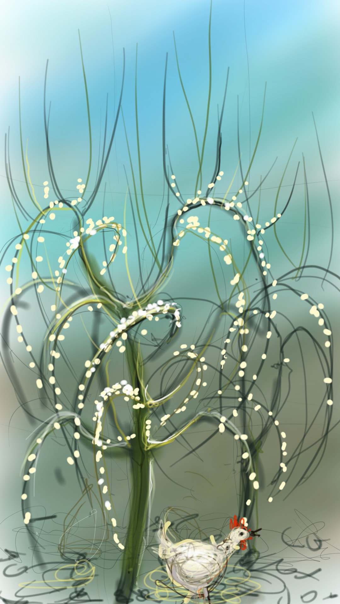 festooned plum trees and a chicken