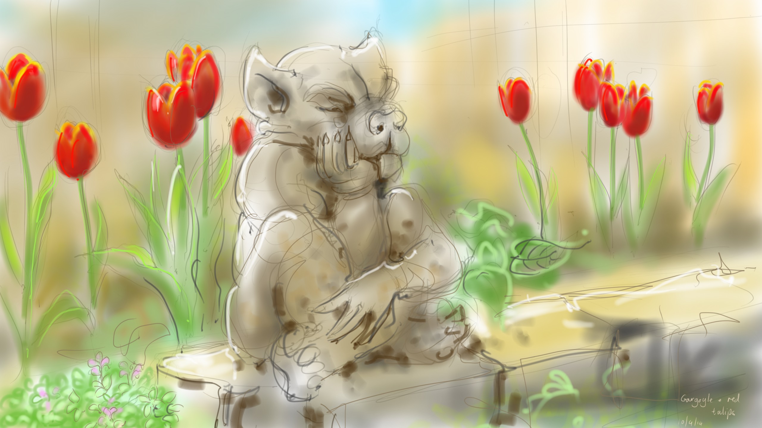 Gargoyle amongst red tulips