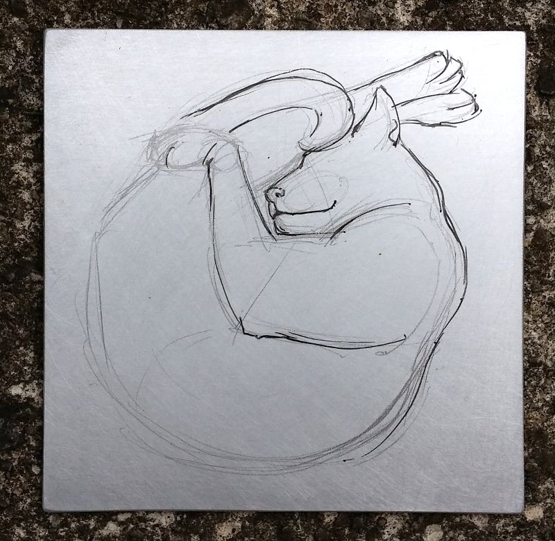 Aluminium plate with drawing first in pencil and then fineliner penAluminium plate with drawing first in pencil and then fineliner pen