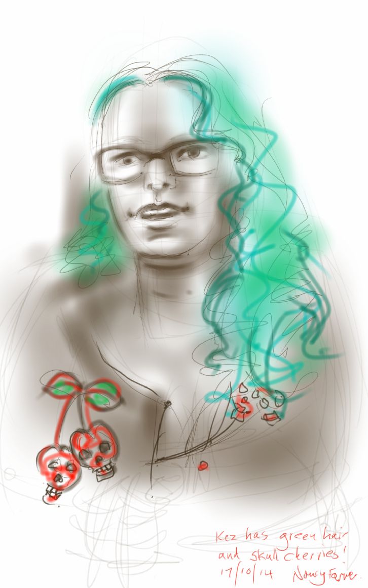 Kez with green hair and skull cherries