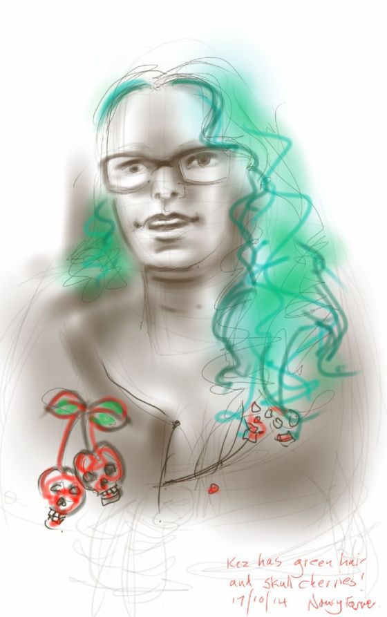 Kez with green hair and skull cherries