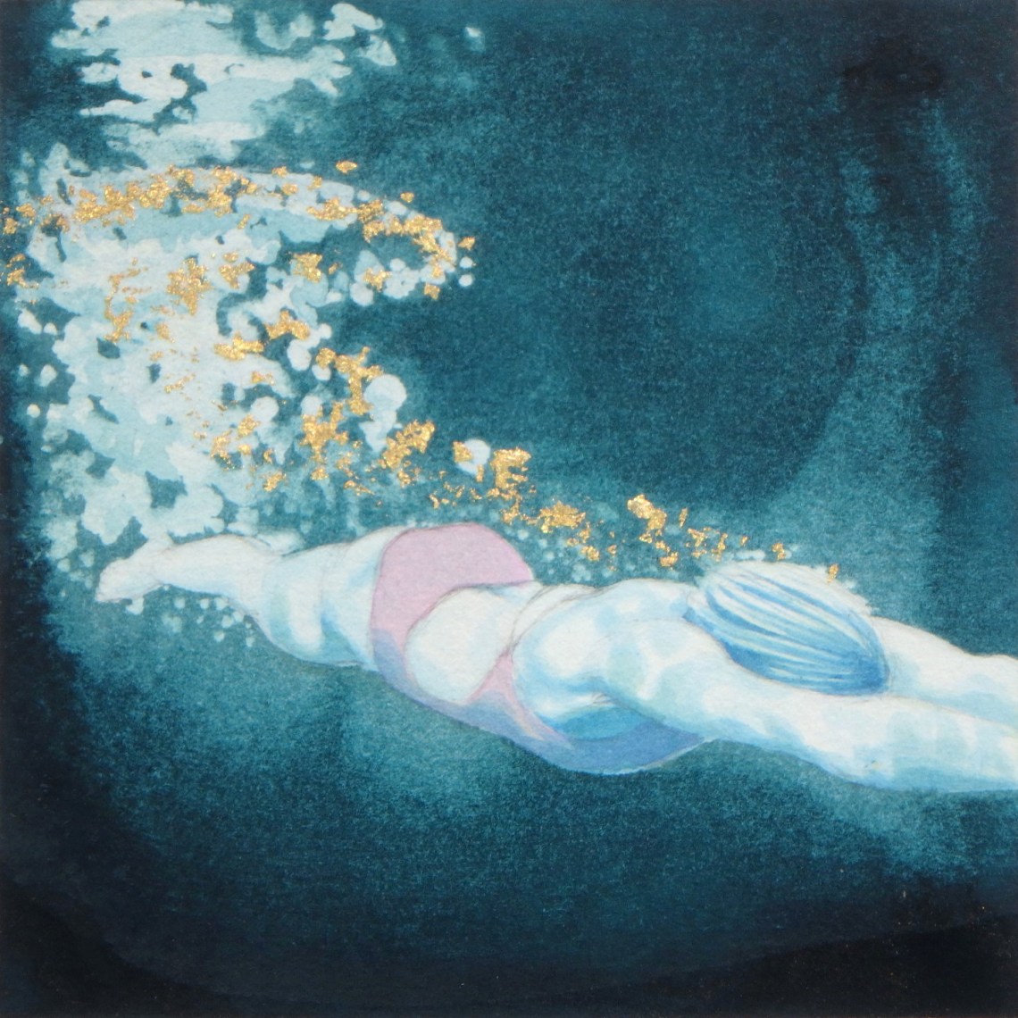 Mini Swimmer 16 in gouache and gold leaf
