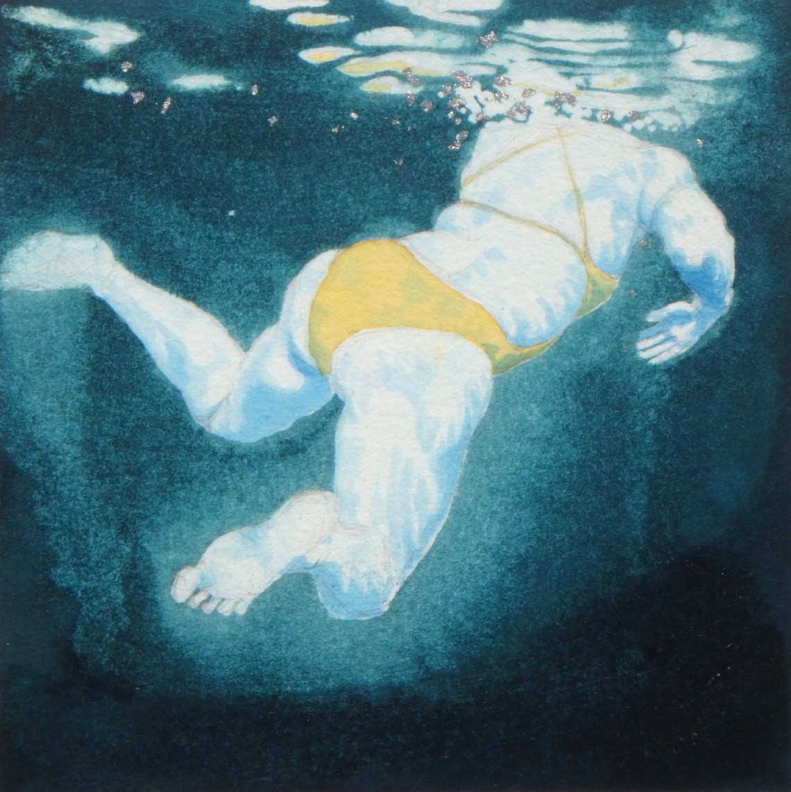 Mini Swimmer 17 in gouache and gold leaf