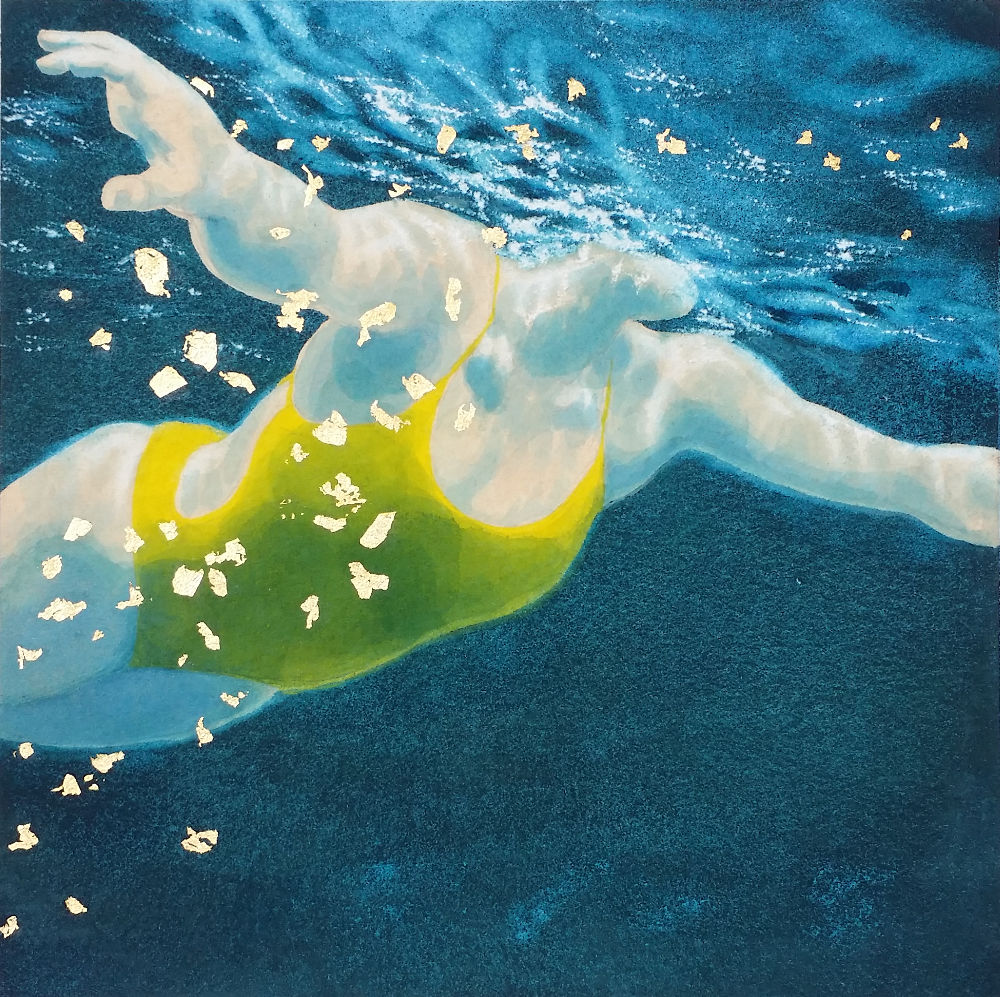 Mini Swimmer 27 in gouache and gold leaf