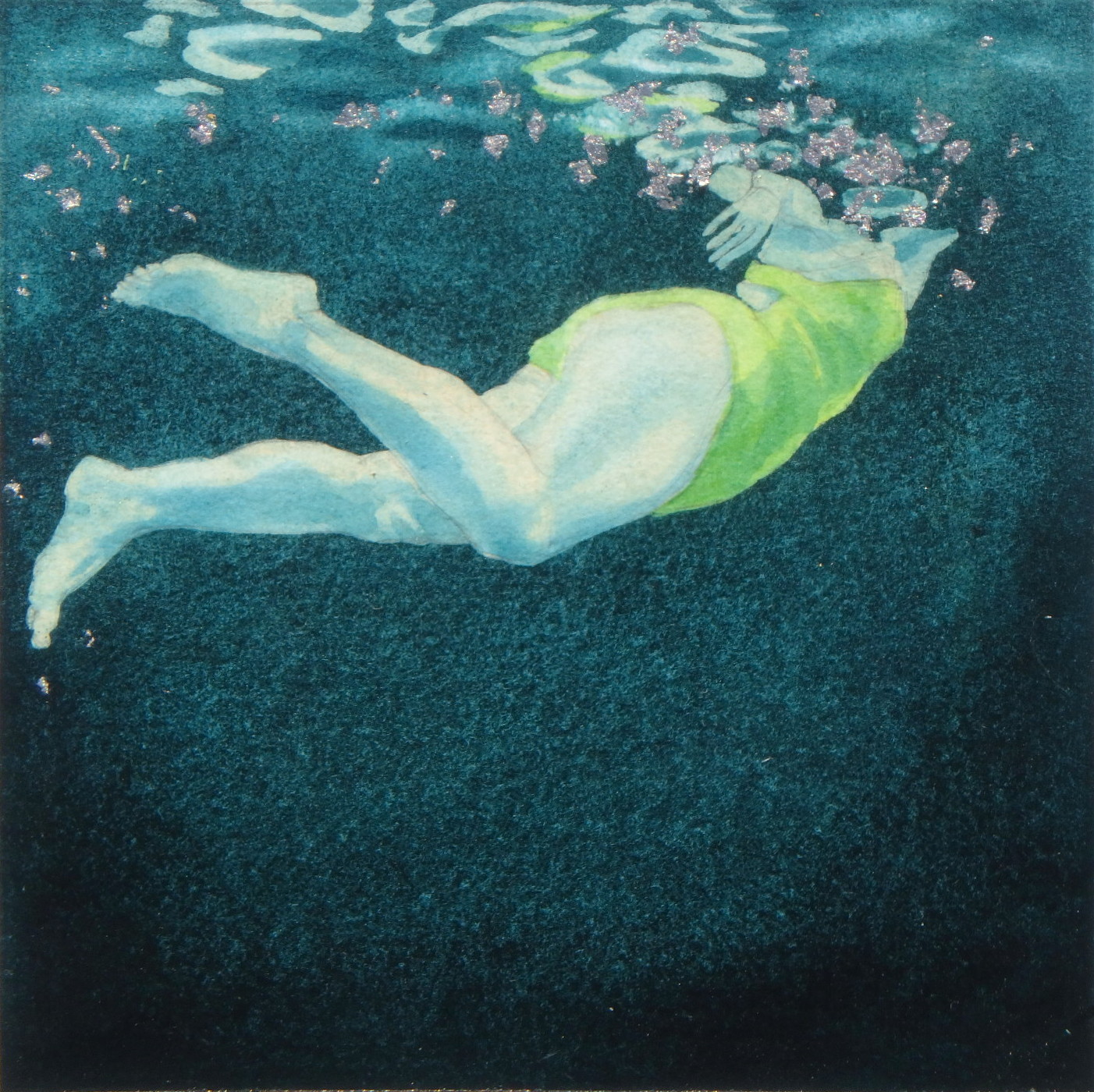 Mini Swimmer 5 in gouache and aluminium leaf