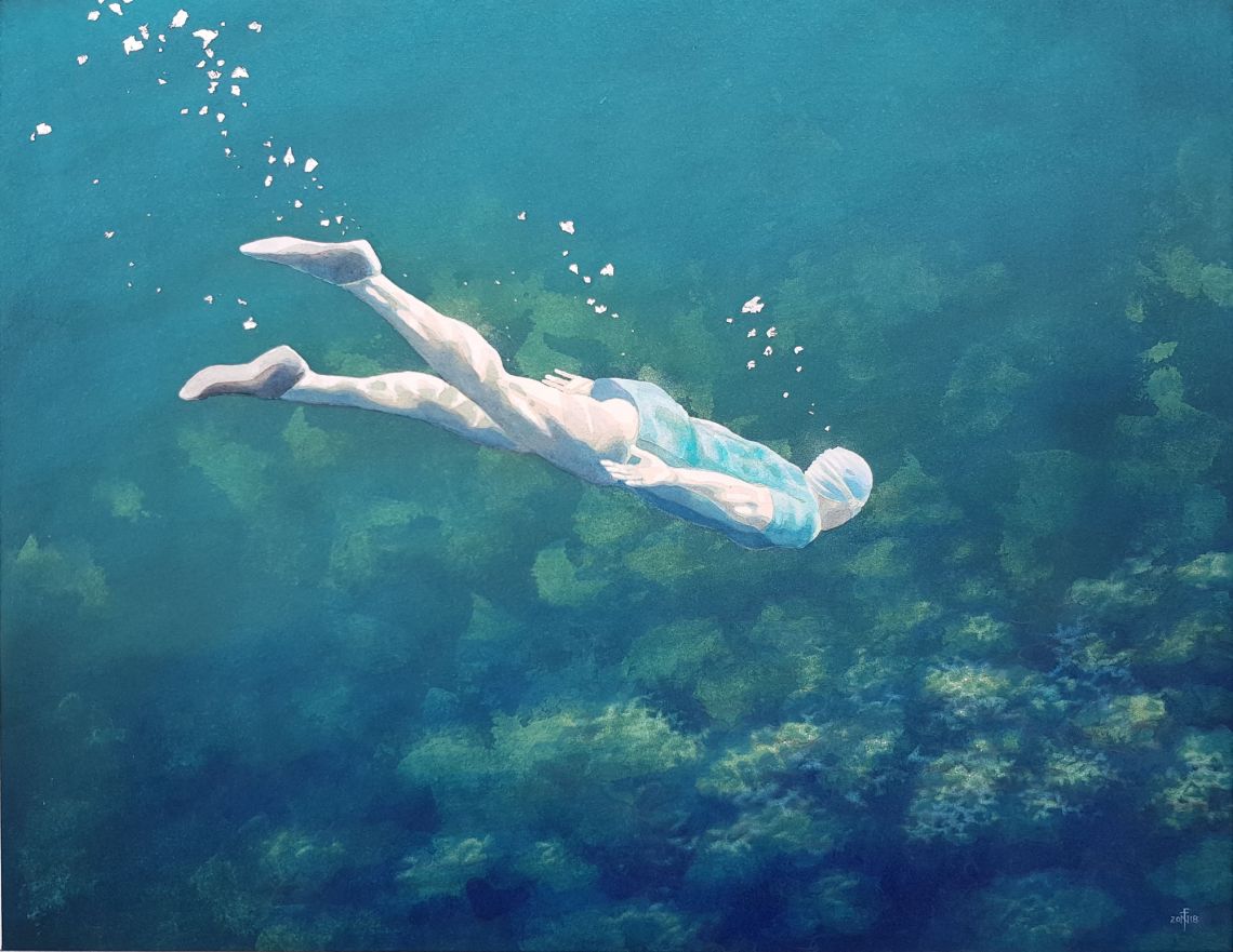 'Ghislaine' painting in watercolour with palladium leaf