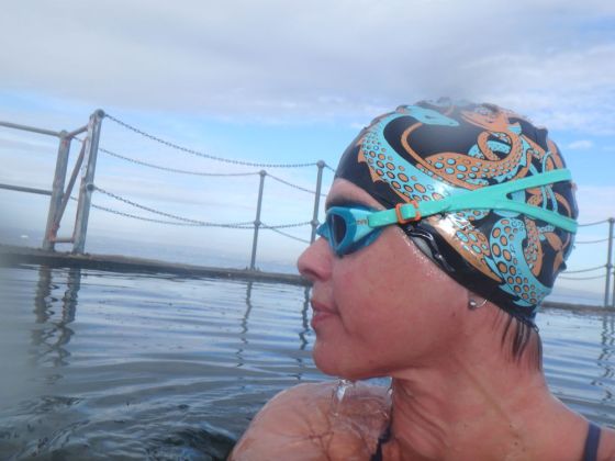 Two-colour sea monster hat in Clevedon Marine Lake