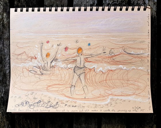 "How to Stay Dry" ...on Clevedon Beach - sketch by Nancy Farmer
