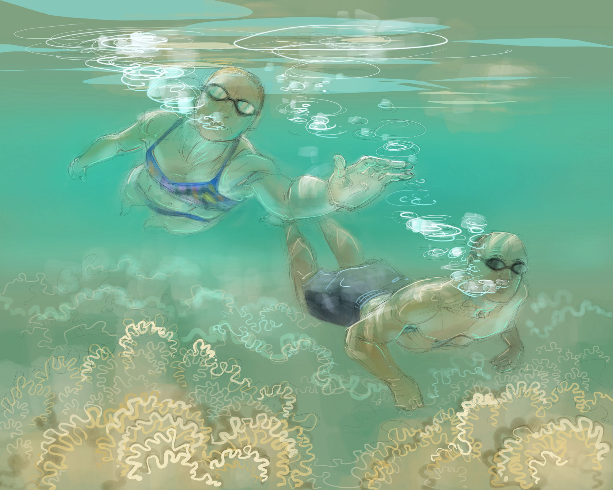 Sophia, swimming. Digital drawing by Nancy Farmer