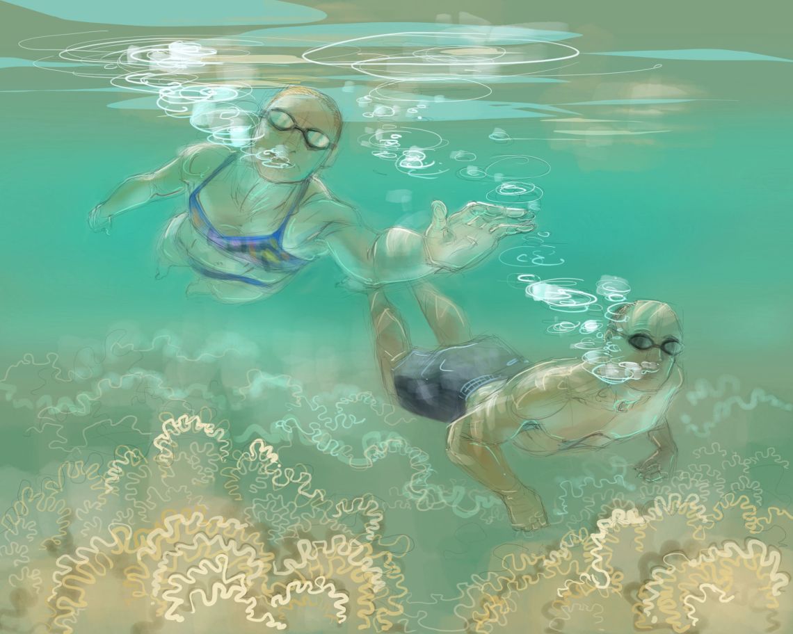 Sophia, swimming. Digital drawing by Nancy Farmer