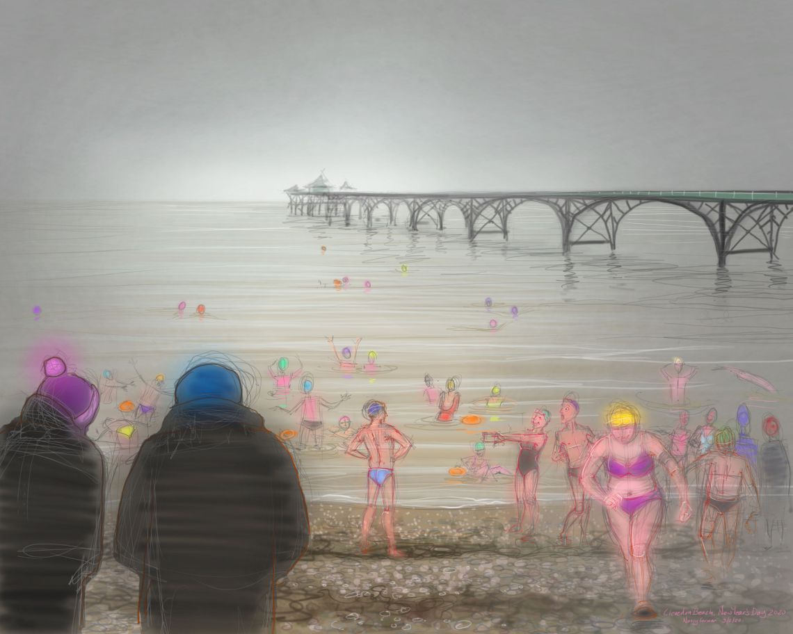 New Year's Day 2020, on Clevedon Beach. Digital drawing by Nancy Farmer