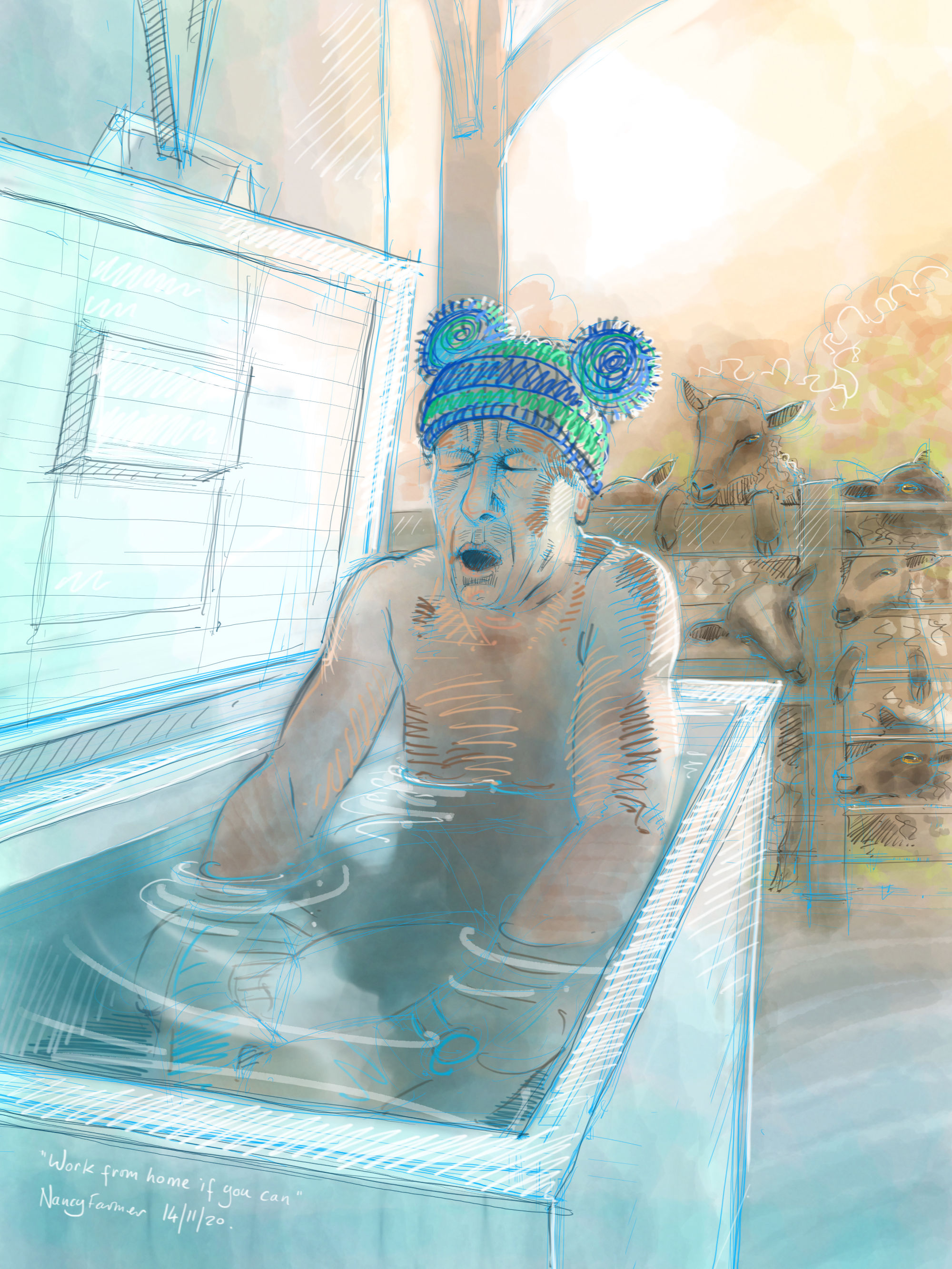 "Work from home if you can" - digital drawing by Nancy Farmer