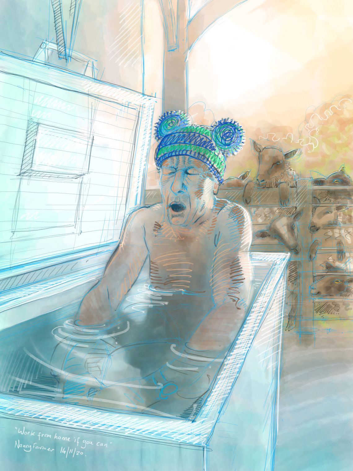 "Work from home if you can" - digital drawing by Nancy Farmer