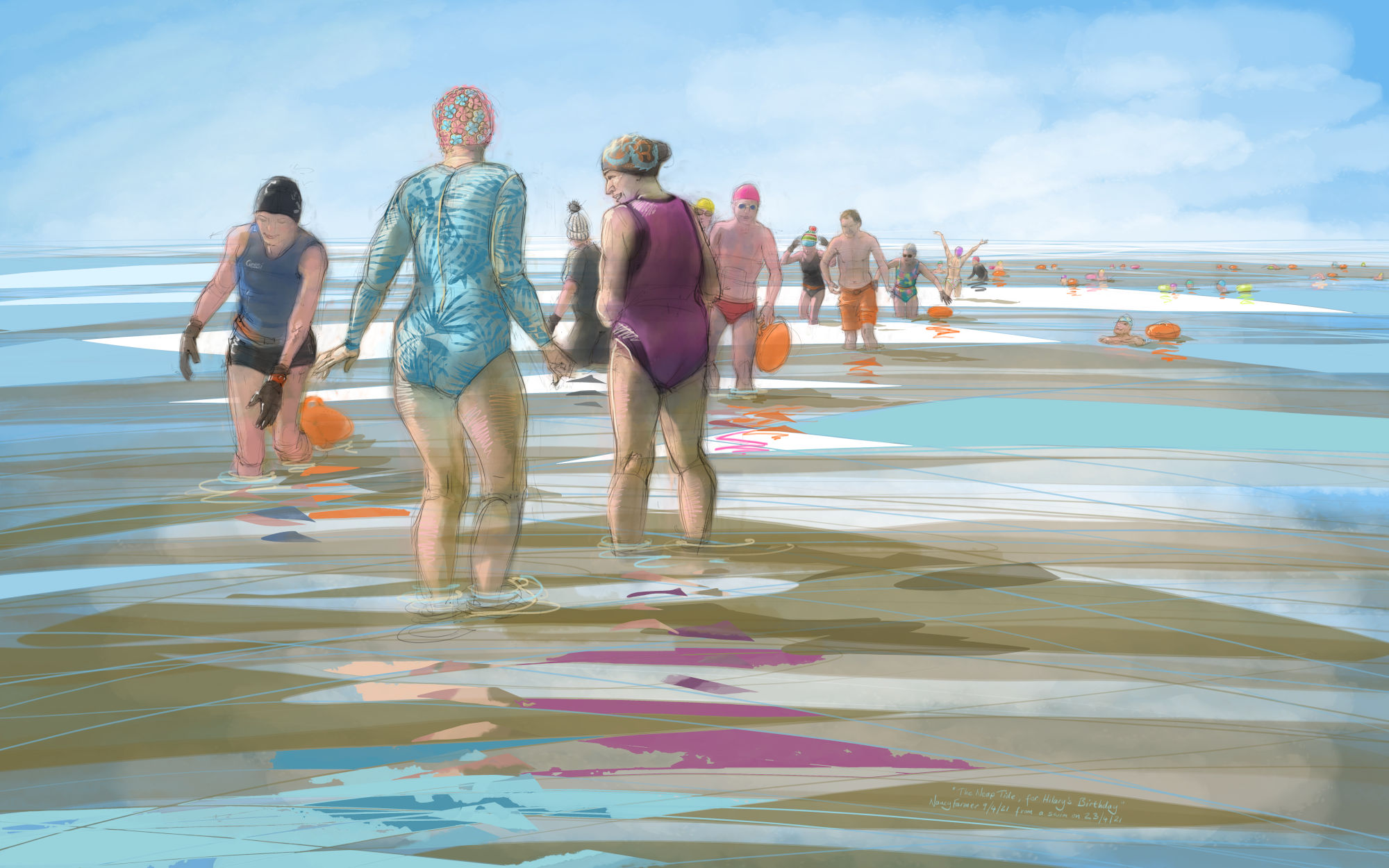 Getting into the sea at Clevedon on a Neap Tide - drawing by Nancy Farmer