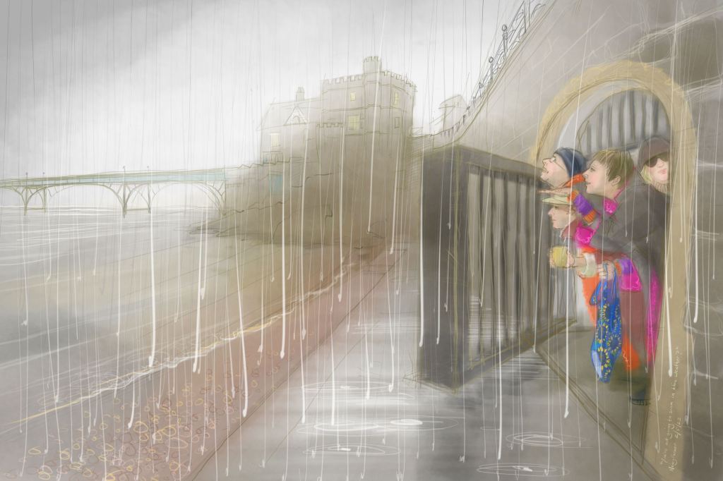 "You're not going to swim in this weather?" digital drawing of swimmers on a rainy Clevedon Beach, with the pier behind, by Nancy farmer
