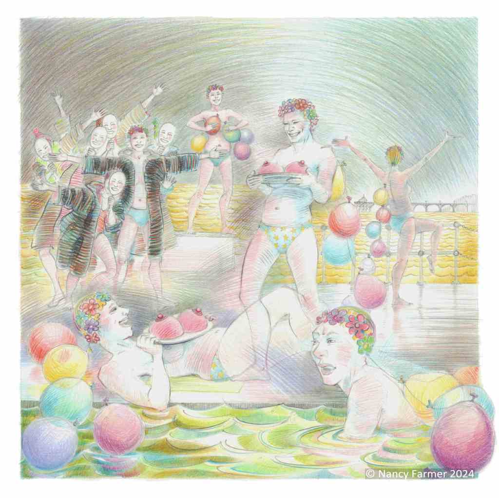 "I'm Making a Cake" - a drawing about Mary's 49th birthday by Nancy Farmer. In pencil on paper, about 12 inches square.