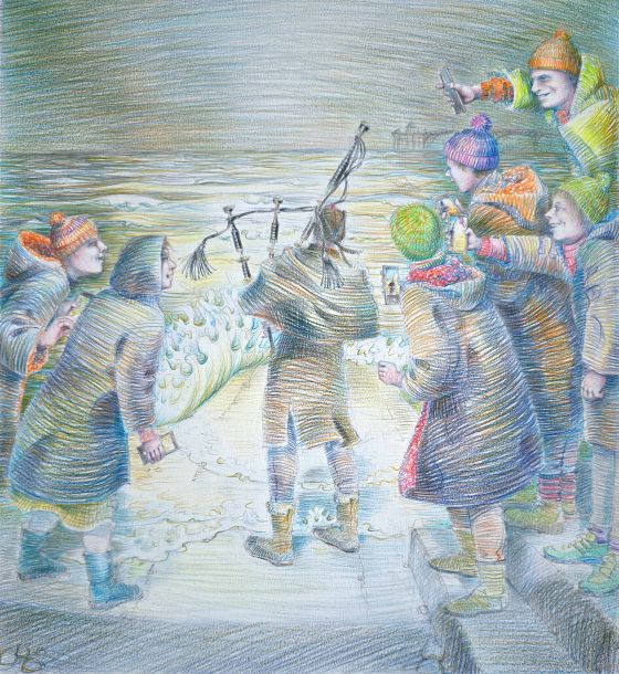 New Year's Day Piper on Clevedon Beach - drawing by Nancy Farmer 2025
