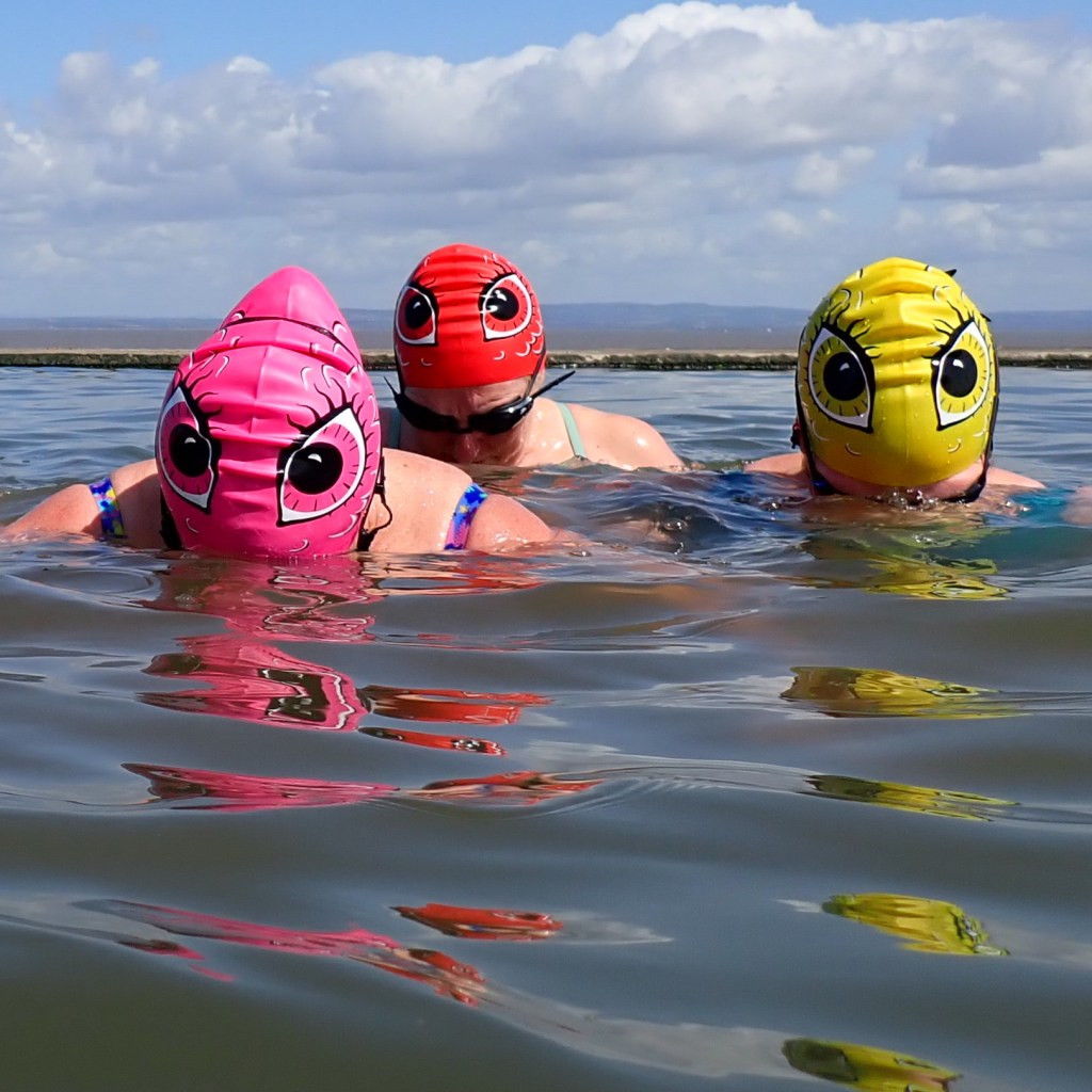 Swim caps by Nancy Farmer - photo taken in Clevedon Marine Lake