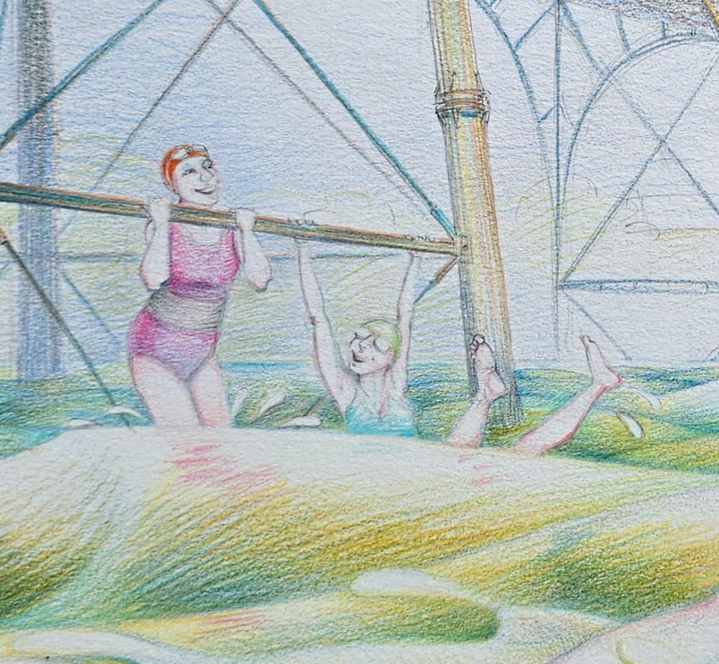 "Two Clowns, Down From Bristol" - detail of drawing by Nancy Farmer about swimmers at Clevedon Pier