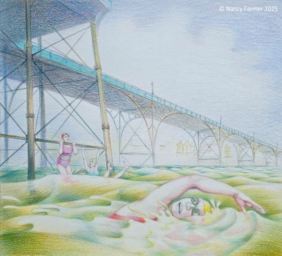 "Two Clowns, Down From Bristol" - drawing by Nancy Farmer about swimmers at Clevedon Pier