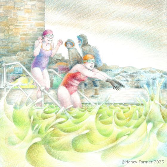 "You Must Be Joking" swimmers at Clevedon - drawing in pencil by Nancy Farmer