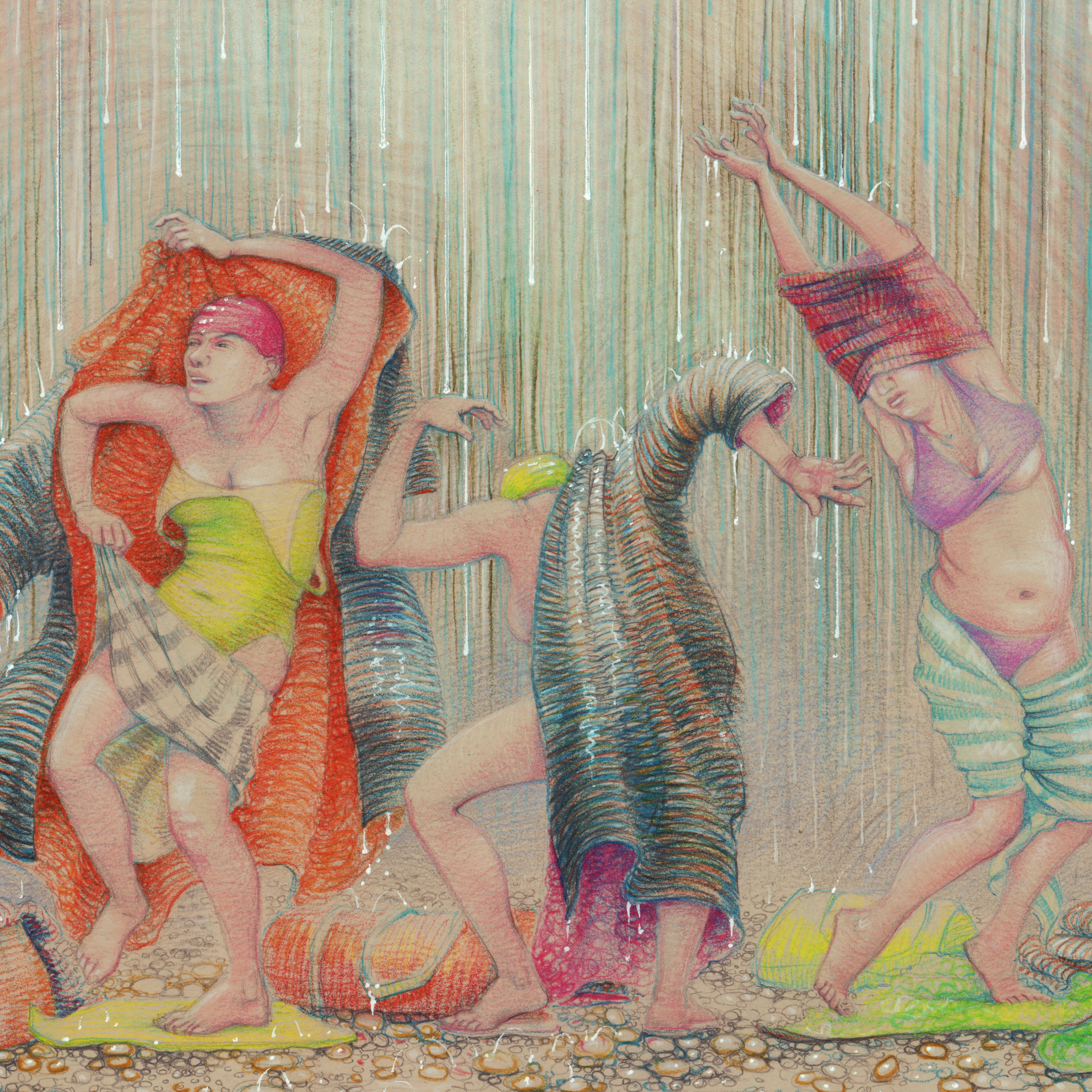 Detail from "Rain Dance" drawing in pencil and pen in brown paper by Nancy Farmer, 2026